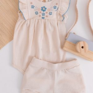 Conjunto Bebê Kiko Body Bordado Floral Azul com Short