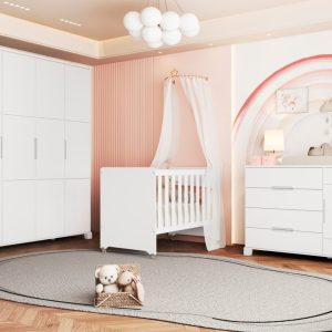 Quarto de Bebê Luna Max Reller | Guarda-Roupa 4 Portas, Cômoda e Berço Evolutivo – Branco Fosco