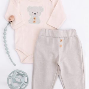Conjunto Bebê Body Com Bordado Cute Koala e Calça em Linho