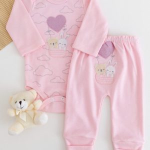 Conjunto Suedine Bebê Body e Calça Rosa Amiguinhas nas Nuvens