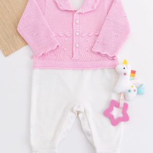 Macacão Bebê em Tricô e Suedine Rosa com Off White