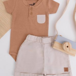 Conjunto Bebê Kiko Body Caramelo com Bolso e Short Bege
