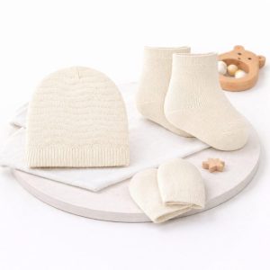 Kit Maternidade RN Off White Centopê- Touca, Luva e Meia