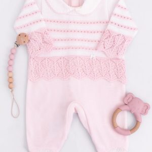 Macacão Bebê em Tricot e Suedine Rosa Claro