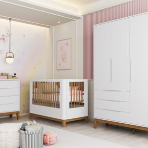 Quarto de Bebê Boom Slim Classic | Guarda-Roupa 3 Portas, Cômoda e Berço Reller – Branco Fosco