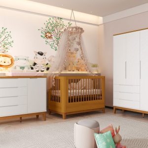 Quarto de Bebê Boom Slim Classic | Guarda-Roupa 3 Portas, Cômoda e Berço Reller – Branco Fosco com Savana