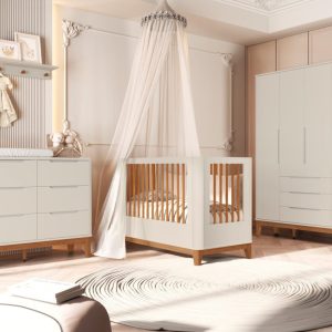 Quarto de Bebê Boom Slim Classic | Guarda-Roupa 4 Portas, Cômoda e Berço Reller – Areia Fosco