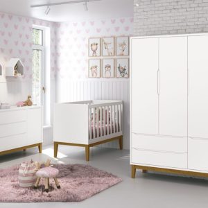 Quarto de Bebê Classic Reller | Guarda-Roupa 3 Portas, Cômoda e Berço – Branco Fosco