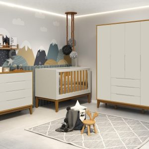 Quarto de Bebê Elfe Classic Reller | Guarda-Roupa 4 Portas, Cômoda e Berço Noah – Areia Fosco com Savana