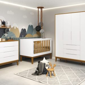 Quarto de Bebê Elfe Classic Reller | Guarda-Roupa 4 Portas, Cômoda e Berço Noah – Branco Fosco com Savana