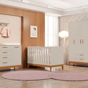 Quarto de Bebê Flip Reller | Guarda-Roupa 4 Portas, Cômoda e Berço – Areia Fosco