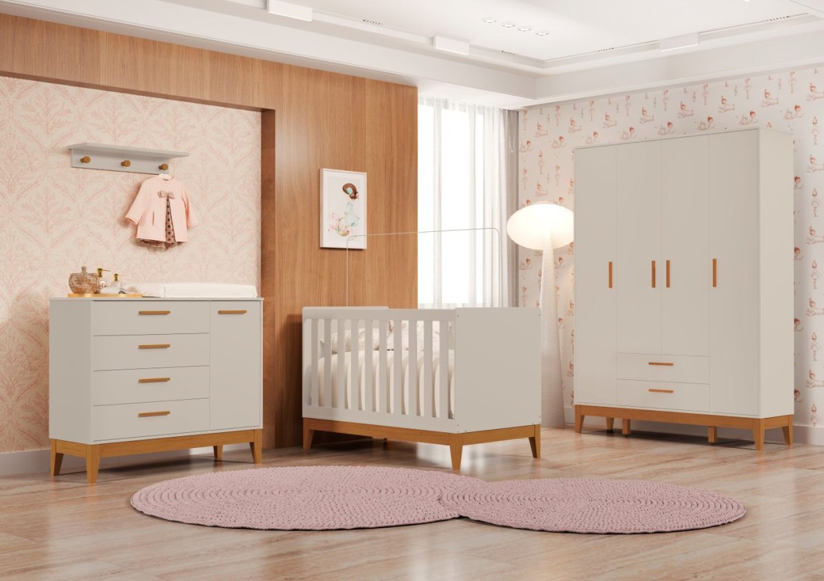 Quarto de Bebê Flip Reller | Guarda-Roupa 4 Portas, Cômoda e Berço – Areia Fosco