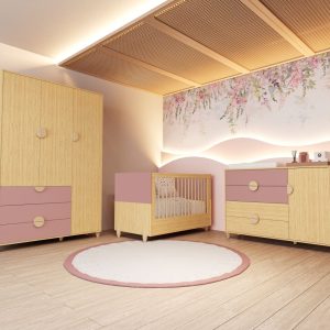 Quarto de Bebê Gracia Reller | Guarda-Roupa 3 Portas, Cômoda e Berço – Rosê Naturale