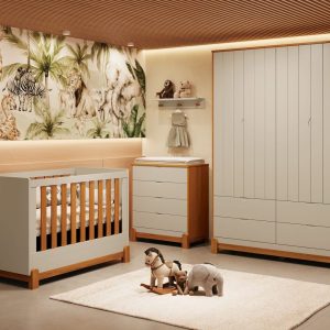 Quarto de Bebê Lotus Reller | Guarda-Roupa 4 Portas, Cômoda e Berço – Areia Fosco Com Savana