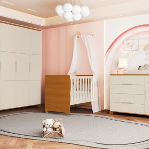Quarto de Bebê Luna Max Reller | Guarda-Roupa 4 Portas, Cômoda e Berço Evolutivo- Areia Fosco Com Savana