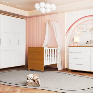 Quarto de Bebê Luna Max Reller | Guarda-Roupa 4 Portas, Cômoda e Berço Evolutivo – Branco Fosco Com Savana
