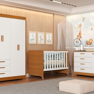 Quarto de Bebê Zaki Reller | Guarda-Roupa 4 Portas, Cômoda e Berço Evolutivo – Branco Fosco Com Savana